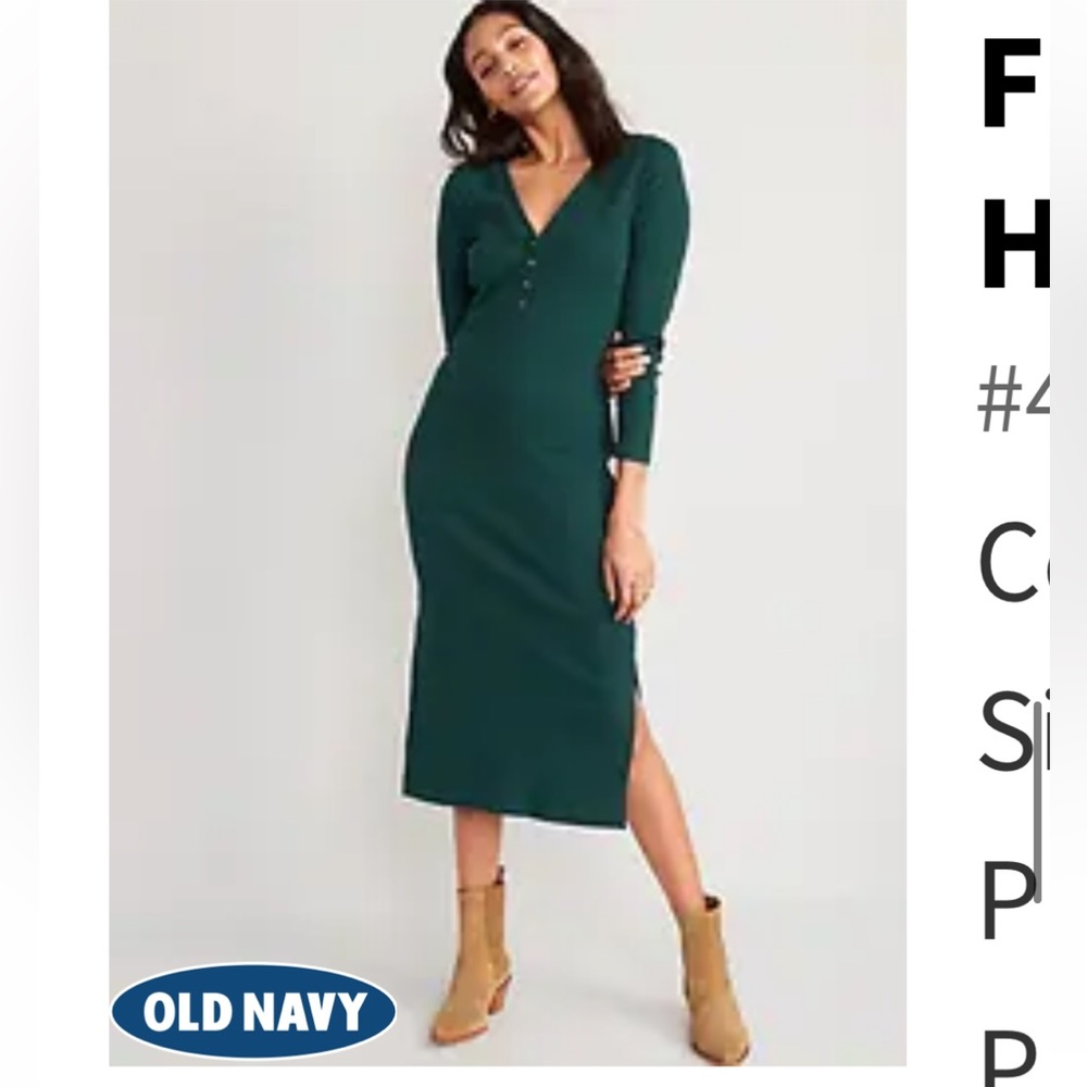 TWO (2) Fitted Long-Sleeve Rib-Knit Henley Midi Dress